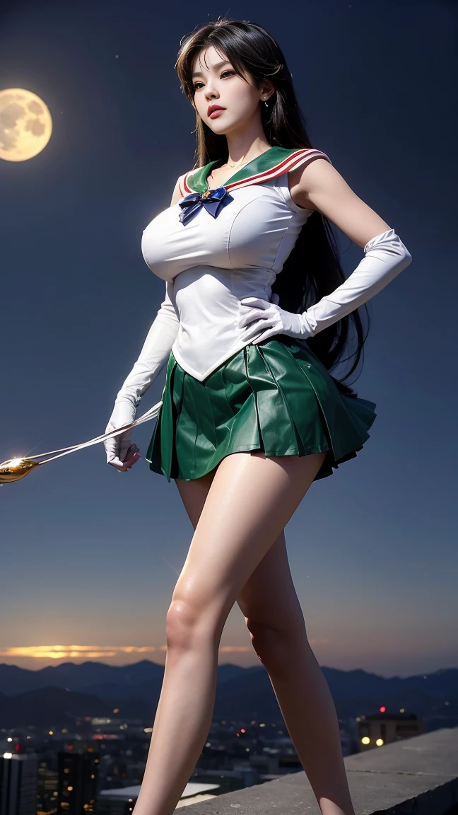 She is tall and has mysterious and beautiful 绿眼睛., A planet is visible in the sky, A beautiful young woman，Long hair， Height 170cm, Sailor Moon Under the Moon, Sailor Jupiter, Emerald Jewelry, You can see the scenery from a high place, Height 172, you have a beautiful figure., I also like to exercise, He has mysterious green eyes. The skirt must be green, Long legs, Very good body. Her breasts are big and beautiful, Huge breasts