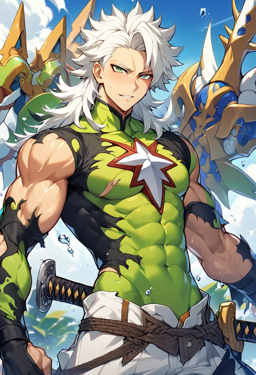 one person、male、maleの体格、Green Skin、masterpiece、highest quality、(((Revealing white lace underwear)))、garter belt、Knee-high socks、High heel pumps、Idol costume with ribbons and frills、Stage background、Sexy dance、High heel pumps、