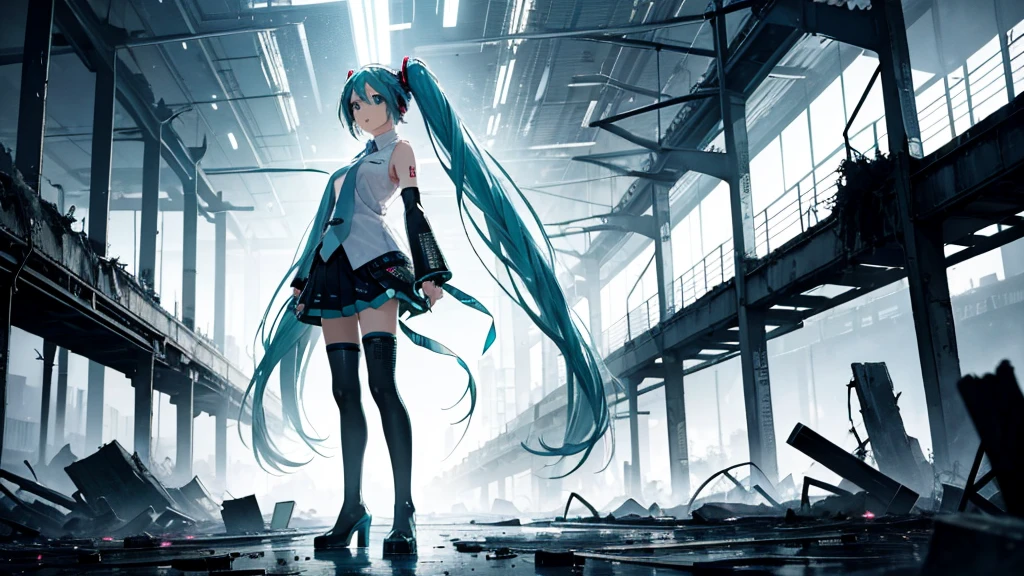 Hatsune Miku Stands Up、With falling sparks on the background of a ruined city、Heavy metal style cover image。