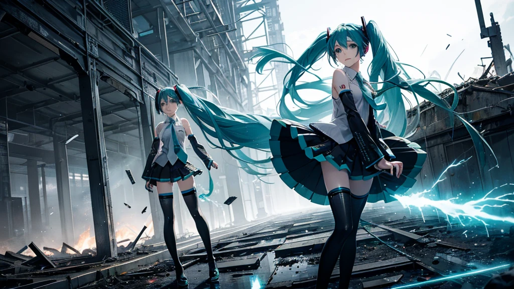 Hatsune Miku Stands Up、With falling sparks on the background of a ruined city、Heavy metal style cover image。