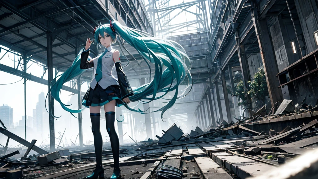 Hatsune Miku Stands Up、With falling sparks on the background of a ruined city、Heavy metal style cover image。