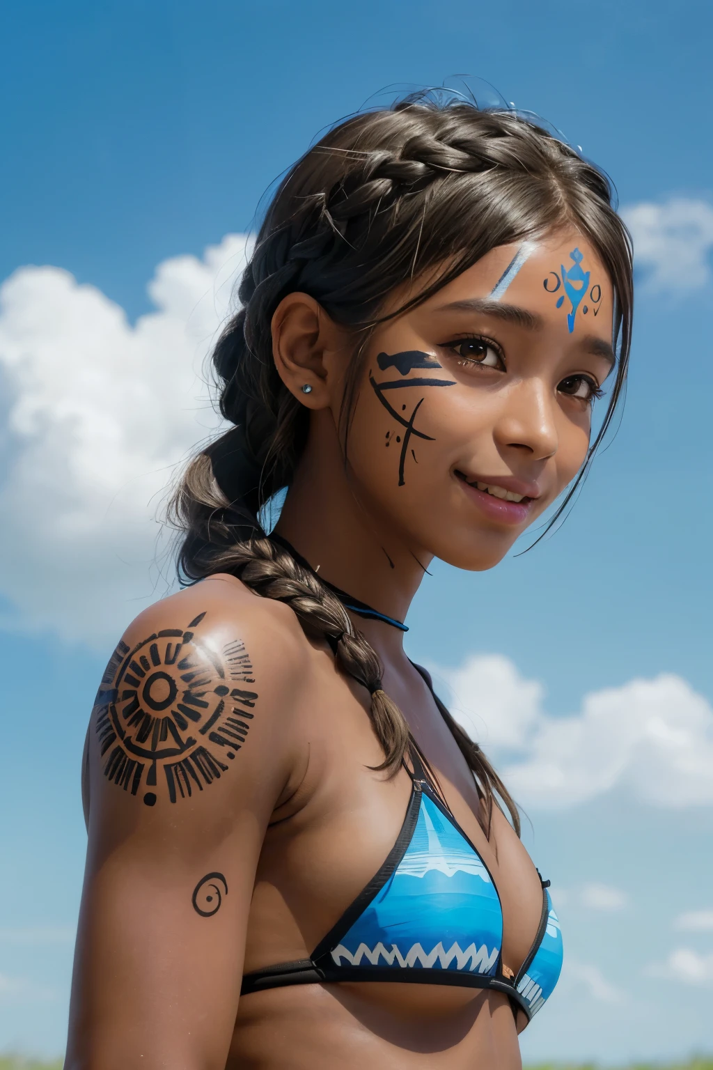 best quality, masterpiece, (realistic:1.2), 1girl, solo, (silhouette lighting:1.2), smiling, braids hair with bangs, tribal tattooed, (dark skin:1.4), tribal style bikini, face paint, savanna, blue sky, clouds