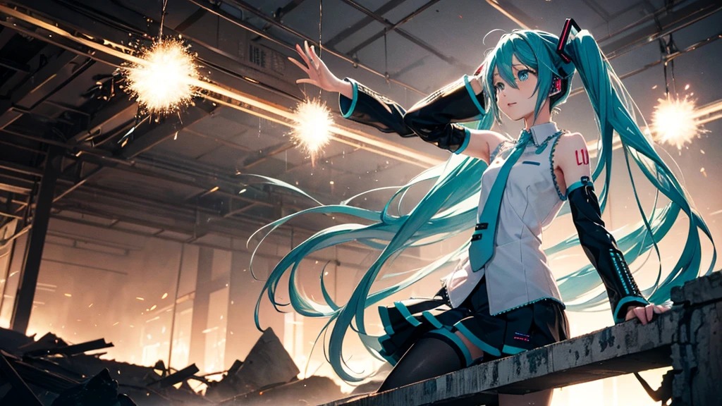 Hatsune Miku Stands Up、With falling sparks on the background of a ruined city、Heavy metal style cover image。