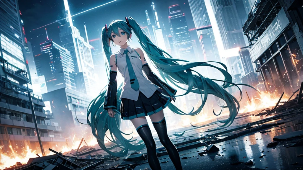 Hatsune Miku Stands Up、With falling sparks on the background of a ruined city、Heavy metal style cover image。