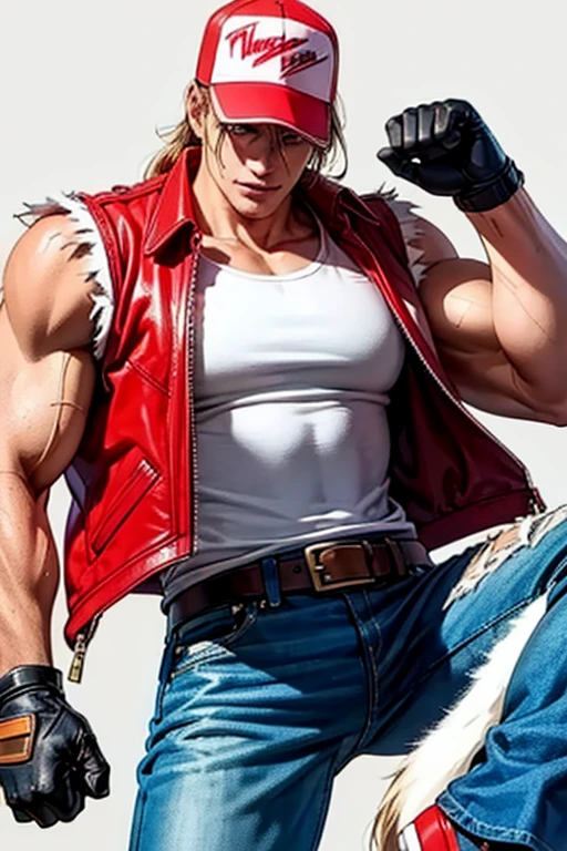 terrybogard, 1 chico, Red Waistcoat, by rubio, Horse tail, Red trucker cap, White sleeveless shirt, jeans, belt, Gloves without fingers, Red shoes, detailed eyes, detailed face, ((Masterpiece, high resolution, Perfect picture))