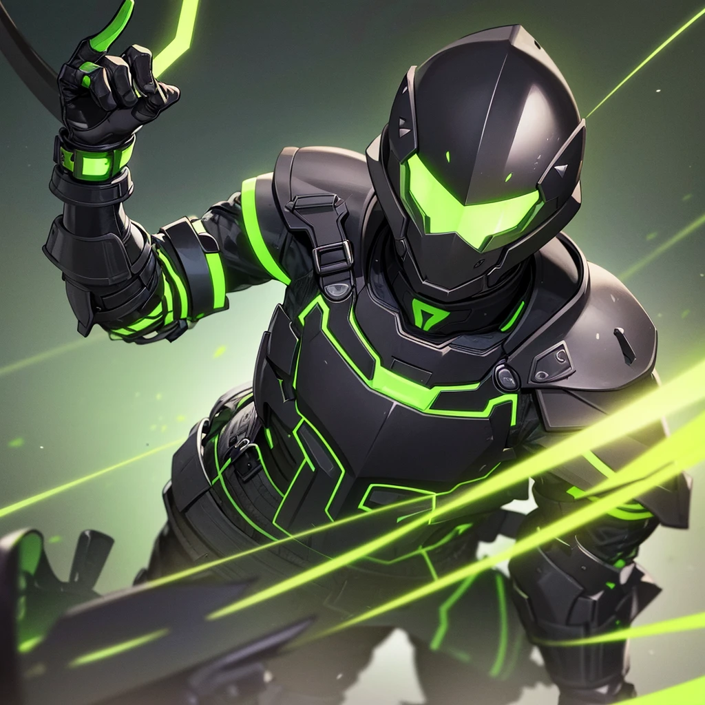 A hunter wearing black armor with bright fluorescent green details, and wears a gladiator helmet [far]