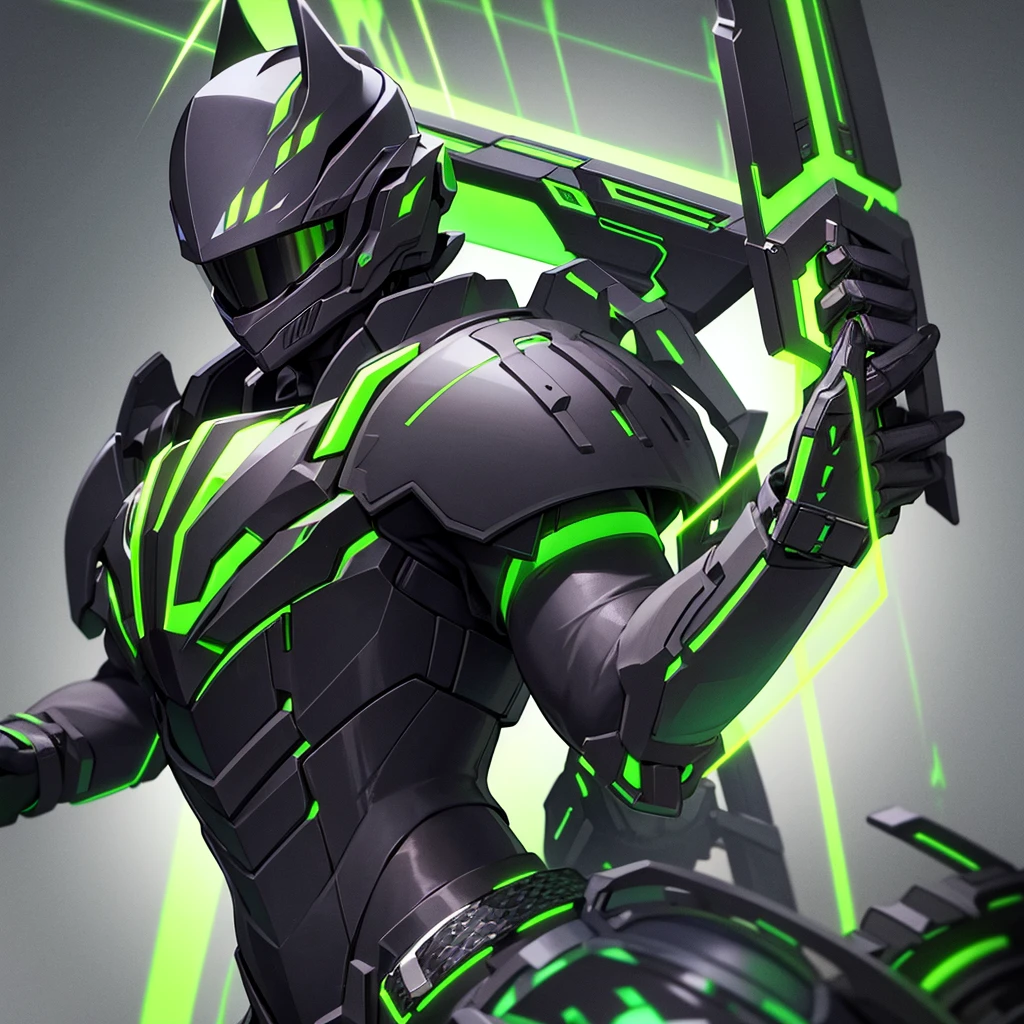 A hunter wearing black armor with bright fluorescent green details, and wears a gladiator helmet [far]