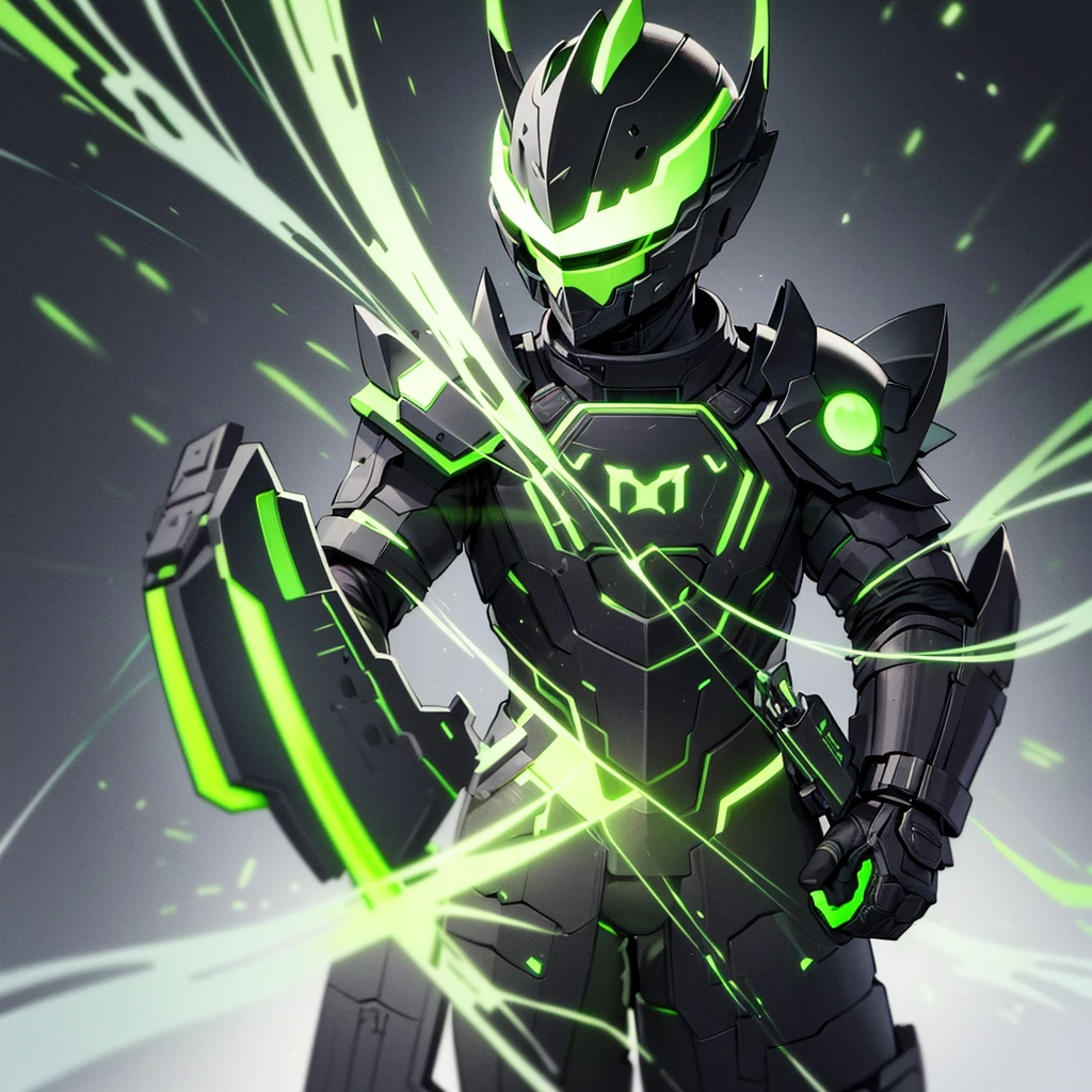 A hunter wearing black armor with bright fluorescent green details, and wears a gladiator helmet [far]