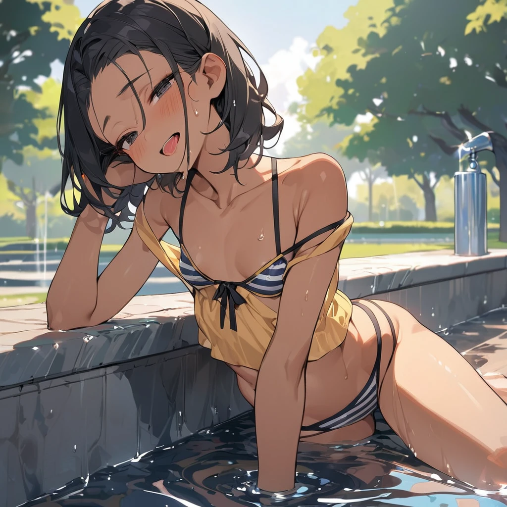 (anime style),masterpiece, best quality, extremely detailed,12Year old,tanned skin,dark skin, Beautiful body,small breasts,BREAK,multicolored colorful black hair,short hair,hair slicked back,BREAK,black eyes,out tongue,shy smile,open mouth,mouth on water,half closed eye,detailed lips,open legs,BREAK,cotton black big ribbon,BREAK,yellow camisole,striped_bikini,off shoulder,navel,break,head tilt,in the park,dripping,Drinking fountains,