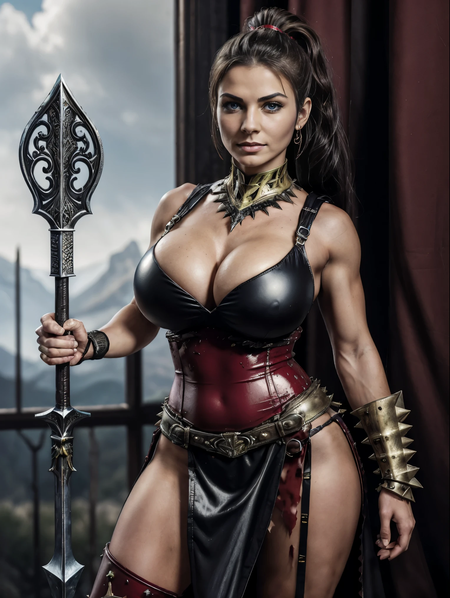 (masterpiece, top quality, best quality, official art, beautiful and aesthetic:1.2), (1girl:1.3), ((Sharp facial features, sharp features, hawkish features)), ((pale skin, orange eyes, big hair, long black hair, ponytail)), big tiddy chaos warrior girl, extremely detailed, portrait, looking at viewer, solo, (full body:0.6), detailed background, full-body shot, (hot desert mountain theme:1.1), chaos warrior, (spiky helmet), charlatan, smirk, mysterious, swaying in mountains, armor, red metal, brass trim, long boots, blood red fabric, pelvic curtain, loincloth, black leather, ((((spear, heavy armor, blood, blood splatter, armored, gigantic breasts, long legs, pelvic curtain, toned, muscular)))), cute belly button, toned tummy, slim waist, slim hips, long legs, medieval (mountain exterior:1.1) background, dark mysterious lighting, shadows, magical atmosphere, dutch angle