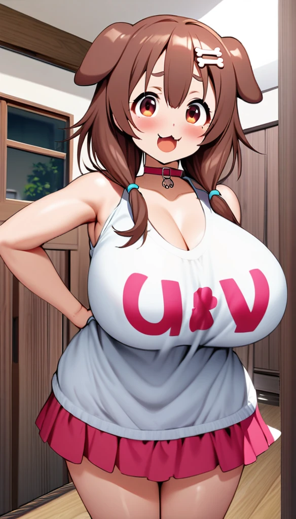 inugami korone,1girl,solo,Females in heat,blush,open mouth,super huge breasts,looking at viewer,near,standing up,house,in room