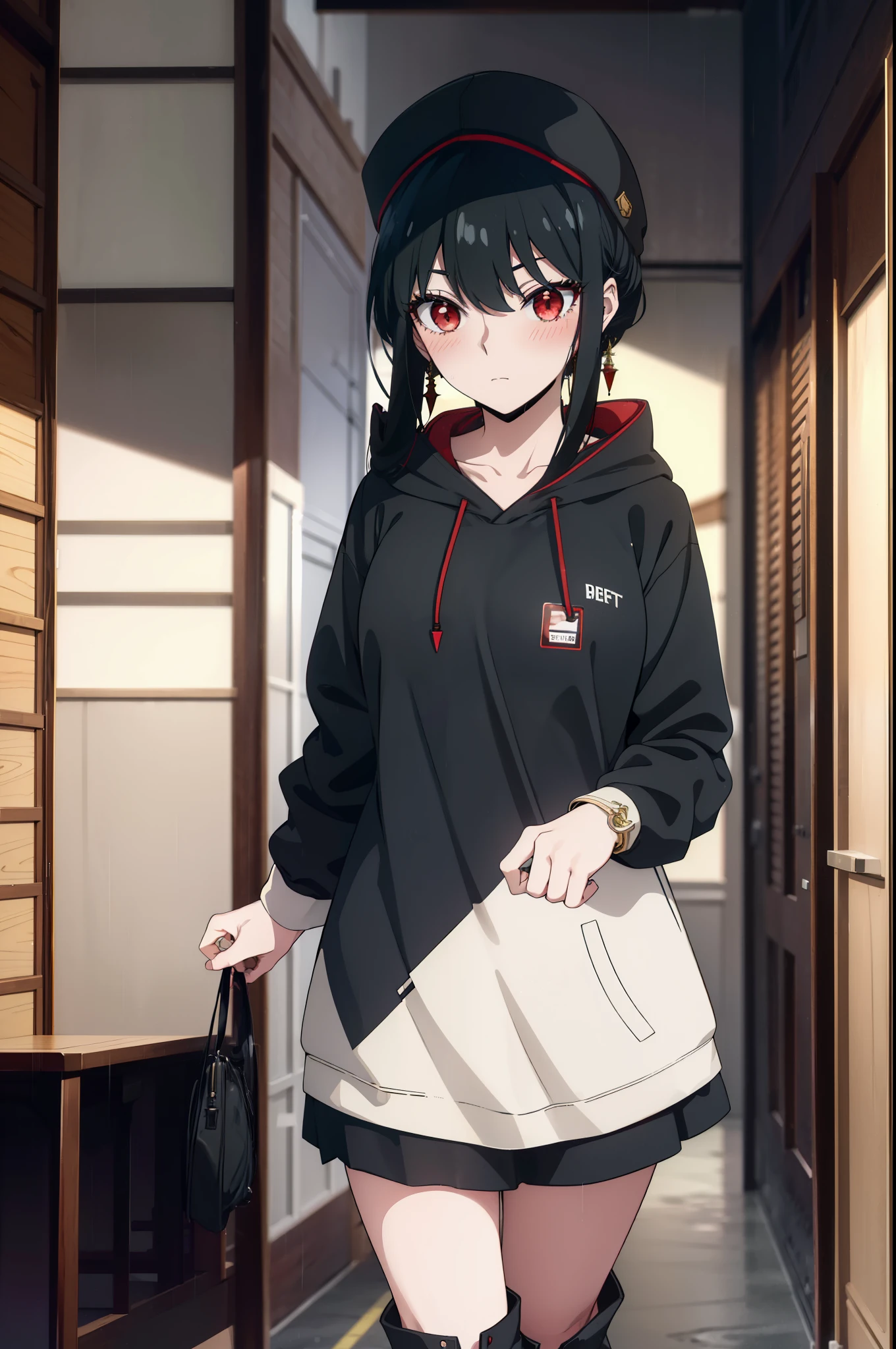 Yorbraia, Yor Briar, Black Hair, (Red eyes:1.5), Earrings, Baseball hats, Long Hair, Side Lock, (Medium chest:1.2),blush,Oversized black hoodie,Long skirt,short boots,,Walking,rain,night,cloudy,whole bodyがイラストに入るように,
break indoors,Alley,
break looking at viewer, whole body,
break (masterpiece:1.2), Highest quality, High resolution, unity 8k wallpaper, (figure:0.8), (Beautiful attention to detail:1.6), Highly detailed face, Perfect lighting, Highly detailed CG, (Perfect hands, Perfect Anatomy),