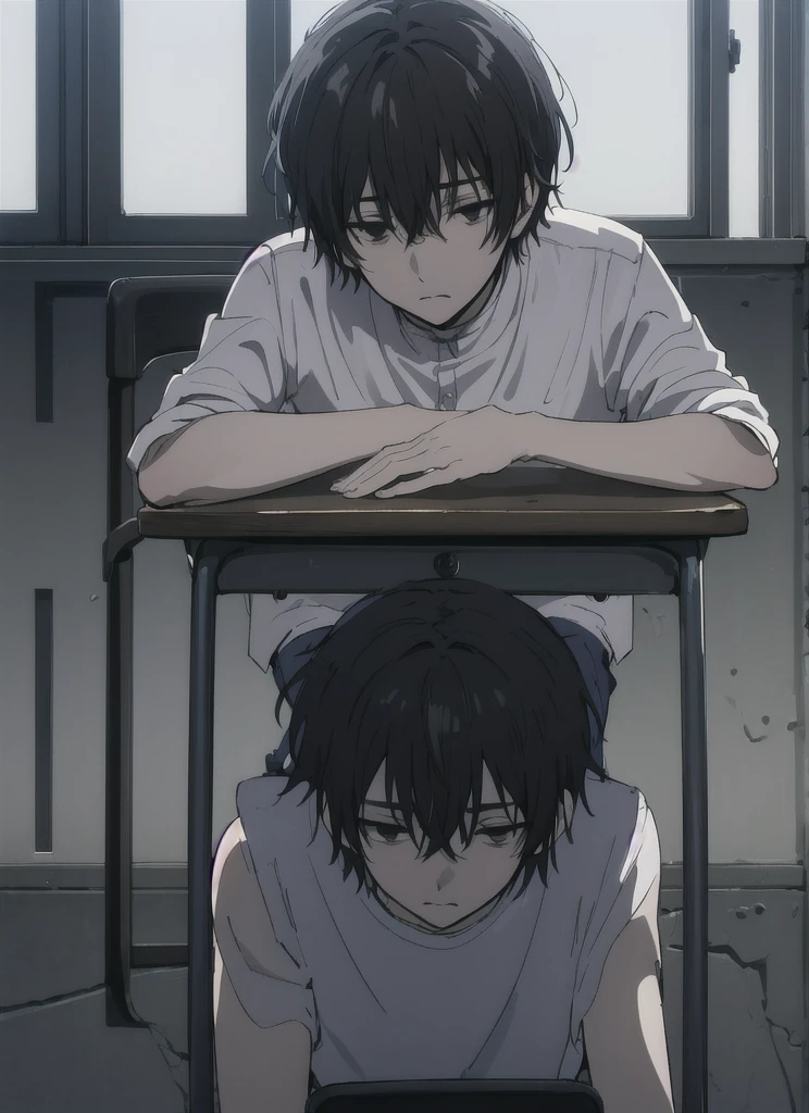 ((best quality)), ((masterpiece)), (detailed), boy, high , bored look, blank look, disinterested look, resting on desk, school chair, empty classroom, black hair, black eyes, sketch, alone, short hair. half body, face, gloomy, dark eyes, illustration, solo.