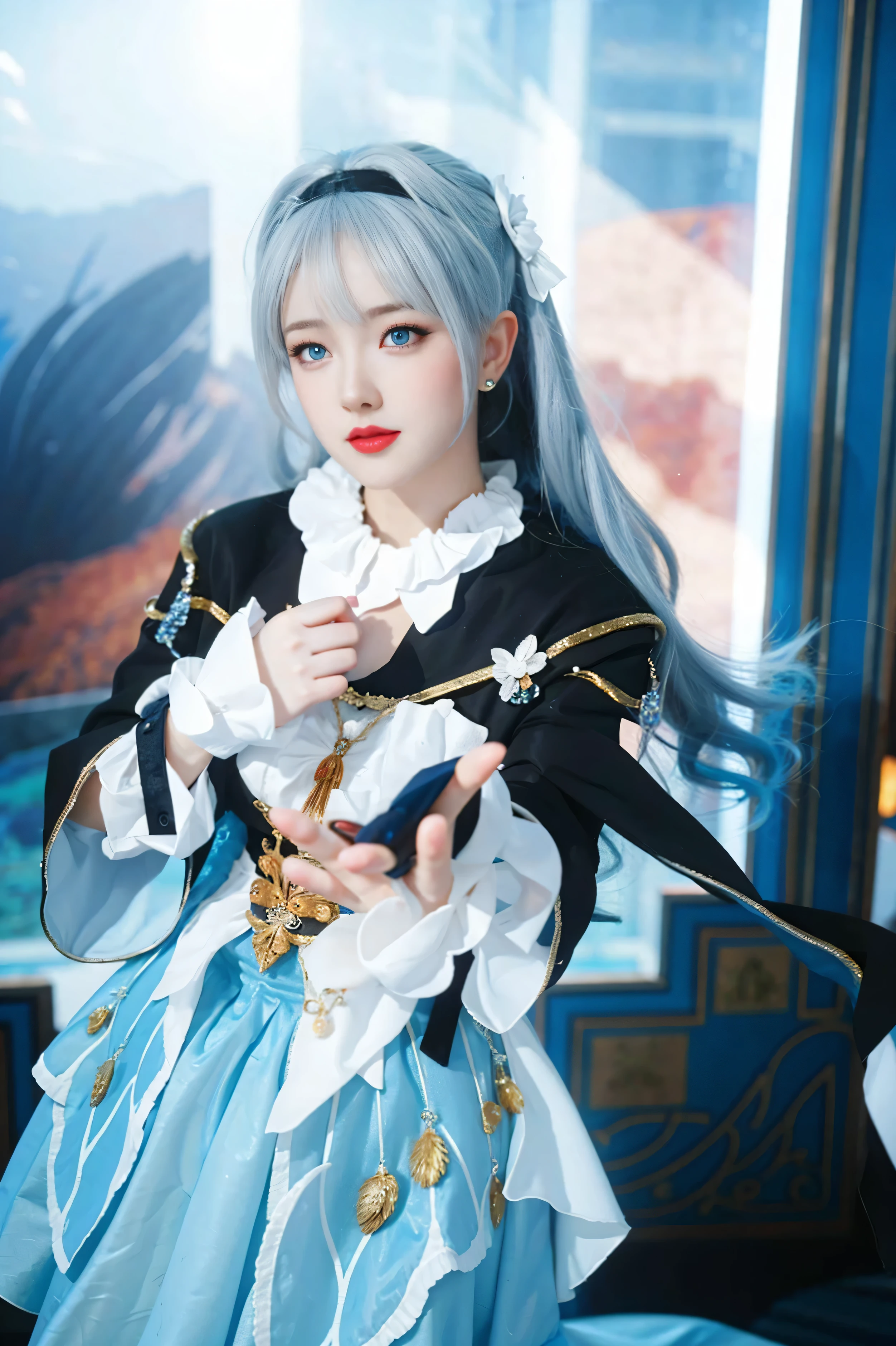Game Art，CG Animation，Best image quality，Maximum resolution，8K picture quality，(A bust photo)，(portrait)，(Head close-up)，(Rule of Thirds)，Unreal Engine 5 rendering works，20 year old girl，((Queen))，The eyes are very detailed，(Large Breasts)，Elegance and nobility，Ray Tracing，Game CG，((3D Unreal Engine))，OC rendering reflection mode，4K，Ultra-clear，Translucent lace，Fair and plump figure，Pretty Face，Glossy Gel Coat，The Queen in a luxurious dress，Gorgeous clothing，Luxurious and exquisite jewelry，Colorful makeup，Mermaid Princess，blue eyes,