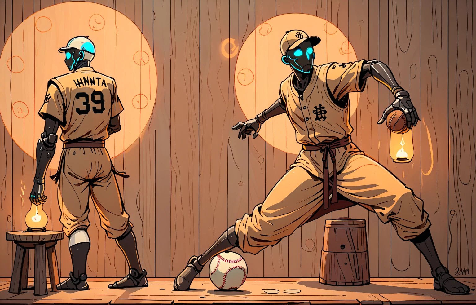 zenyatta, omnic monk, baseball pitcher, line drawing, minimal, sketch, wood palette color tones, warm wooden coloring, rich wooden color grading, natural sunlight, dim candlelight, low level neon glow hum,