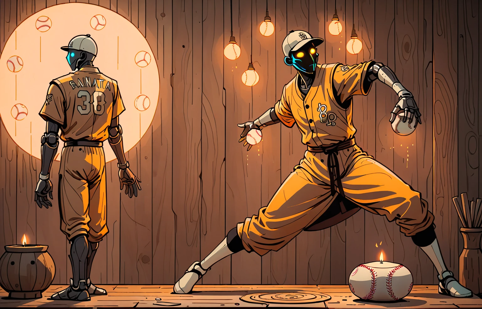 zenyatta, omnic monk, baseball pitcher, line drawing, minimal, sketch, wood palette color tones, warm wooden coloring, rich wooden color grading, natural sunlight, dim candlelight, low level neon glow hum, 