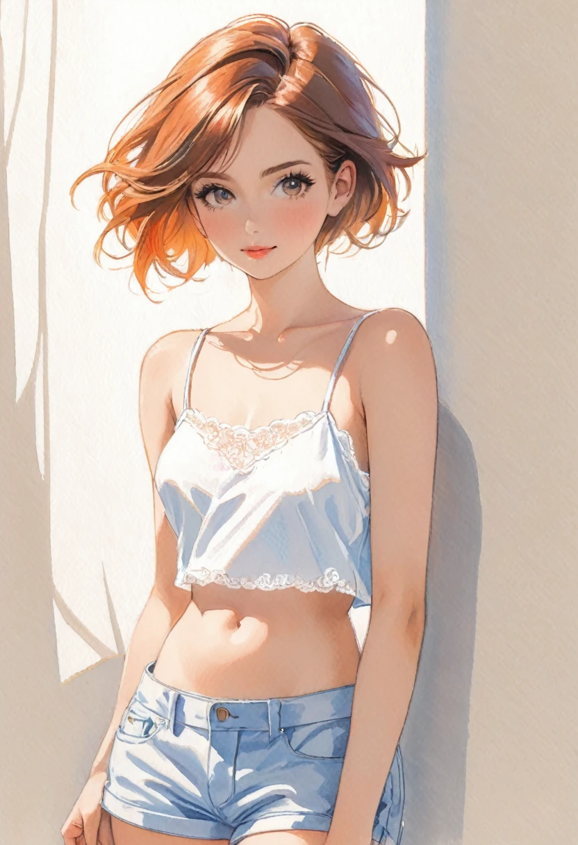  female，short camisole，white，Art，ad，colour pencil drawing，draft drawing 