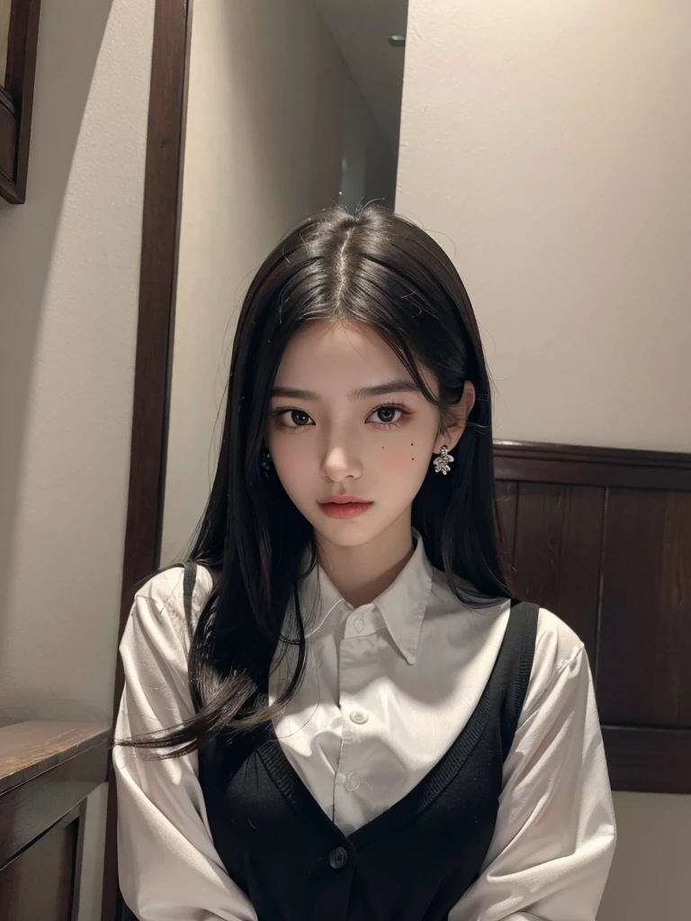 absurdres, RAW photo, extremely delicate and beautiful, masterpiece, Best Quality, ultra high resolution, 32k, hyperrealistic, ultra-detailed, perfect figure, Perfect Style, Perfect balance, in her 20s, very small head, very small face, delicate facial features, tearful mole, earring, very huge breasts, (full body shot:1.2), medium hair, black hair, (school_uniform:1.2),