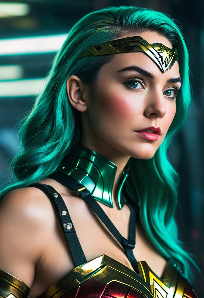 (((In extreme close-up, a cyber punk woman Jessica Green under the mantle of the Amazon warrior, a part of her hair shaved Diaema Wonder Woman Cyber Punk frontal images color images Splash Diaema Wonder Woman Wonder Woman Cyber Punk)))