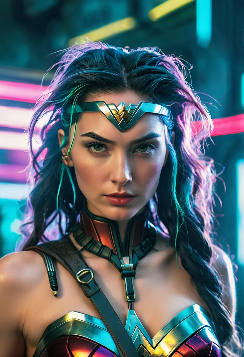 (((In extreme close-up, a cyber punk woman Jessica Green under the mantle of the Amazon warrior, a part of her hair shaved Diaema Wonder Woman Cyber Punk frontal images color images Splash Diaema Wonder Woman Wonder Woman Cyber Punk)))