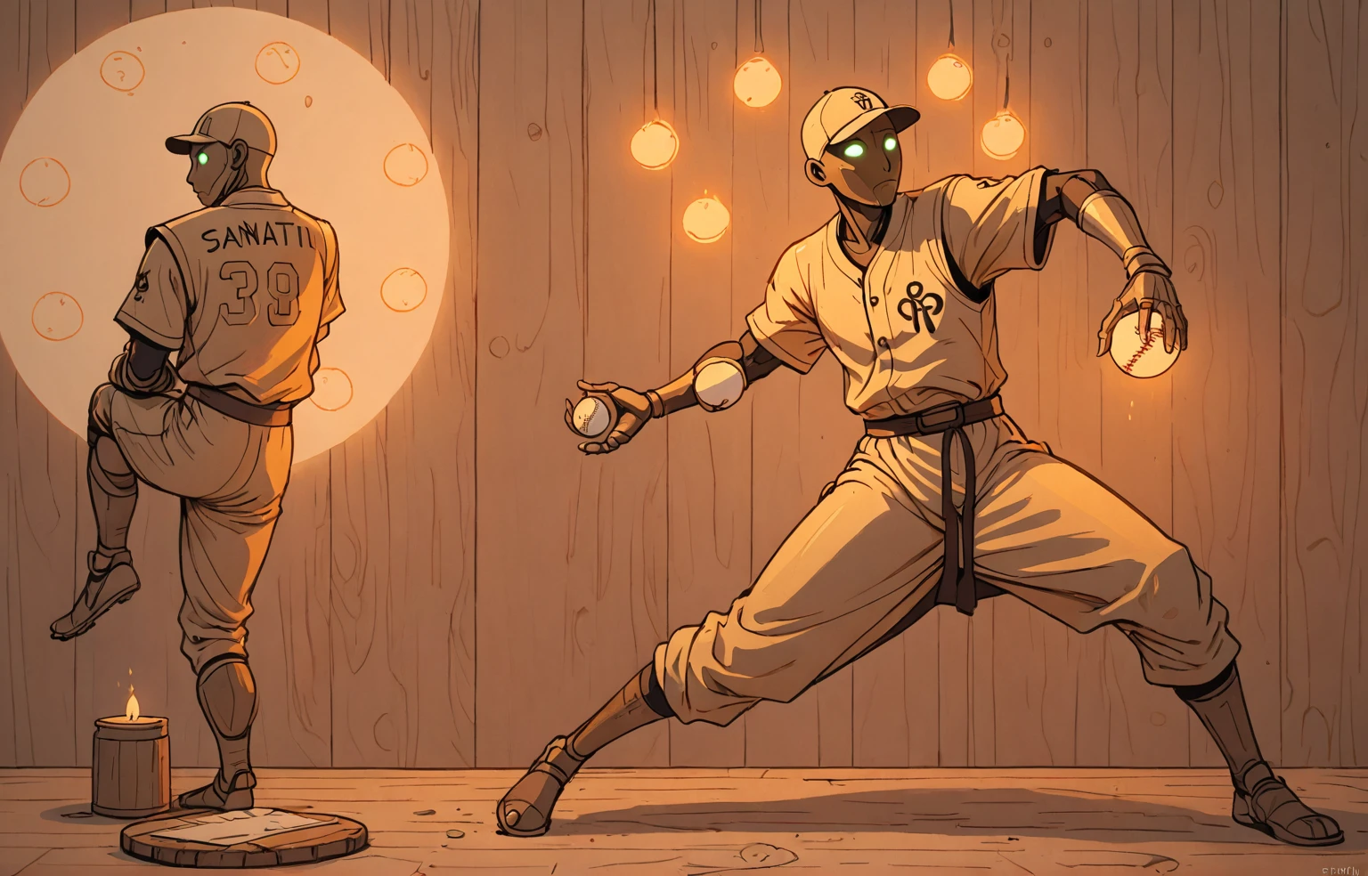zenyatta, omnic monk, baseball pitcher, line drawing, minimal, sketch, wood palette color tones, warm wooden coloring, rich wooden color grading, natural sunlight, dim candlelight, low level neon glow hum,