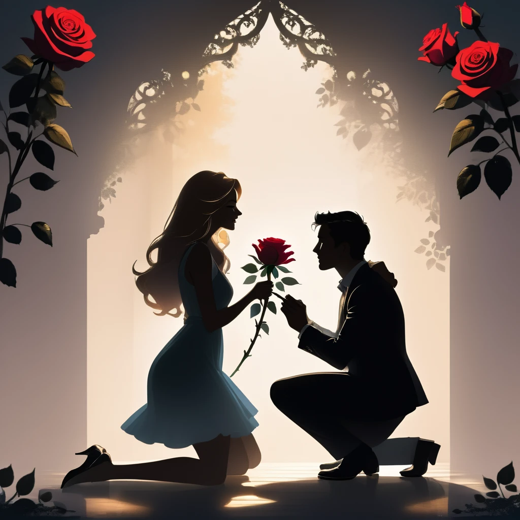 In a romantic gesture, a man kneels on one knee, offering a rose to a woman standing in front of him. The silhouette captures the tender moment of a proposal, with the man holding the flower up toward the woman, who is looking down at him.