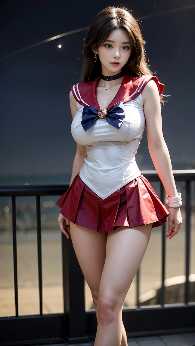 She is tall and has mysterious and beautiful ., A planet is visible in the sky, A beautiful young woman,Long hair, Height 170cm, Sailor Moon Under the Moon, Sailor Jupiter, , You can see the scenery from a high place, Height 172, you have a beautiful figure., I also like to exercise, He has mysterious green eyes. skirt, Long legs, Very good body. Her breasts are big and beautiful, Huge breasts,Red skirt,超级Huge breasts