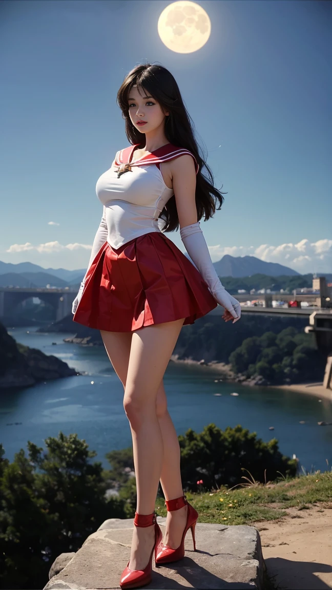 She is tall and has mysterious and beautiful ., A planet is visible in the sky, A beautiful young woman，Long hair， Height 170cm, Sailor Moon Under the Moon, Sailor Jupiter, , You can see the scenery from a high place, Height 172, you have a beautiful figure., I also like to exercise, He has mysterious green eyes. skirt, Long legs, Very good body. Her breasts are big and beautiful, Huge breasts，Red skirt，超级Huge breasts