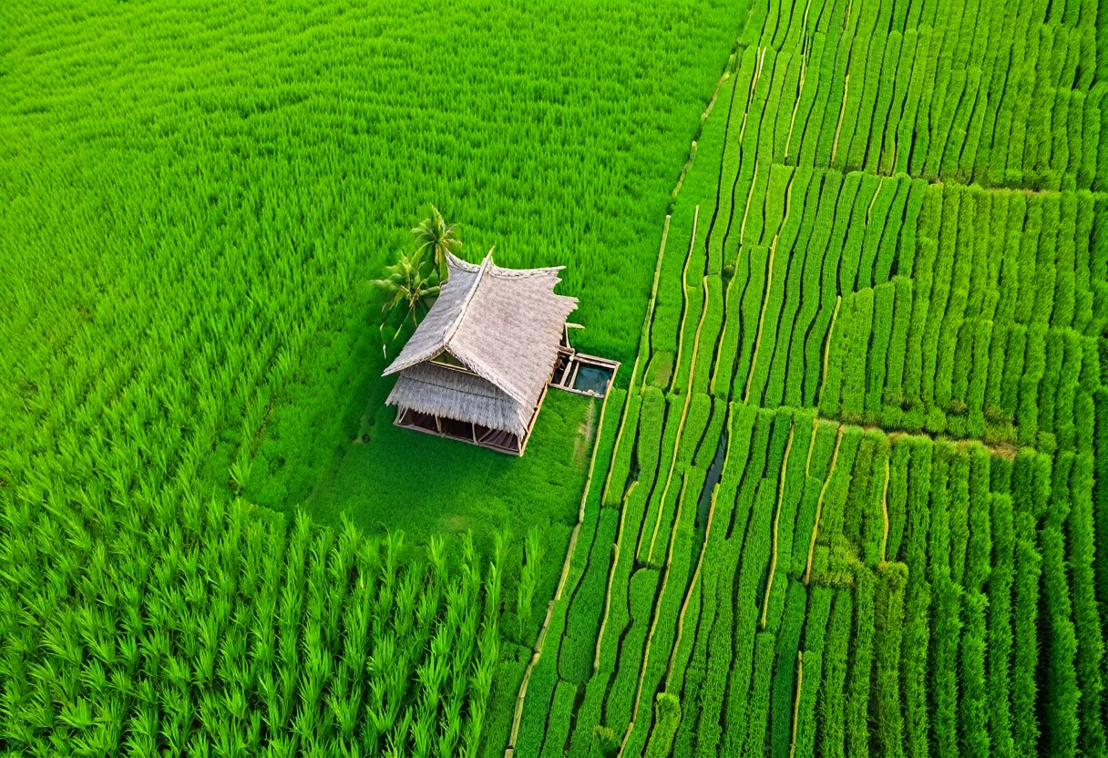 Generate a highly detailed and realistic drone view photo of a bamboo hut situated in the middle of a lush green rice field. The bamboo hut should have a thatched roof and an open structure, showcasing its rustic charm. The surrounding rice paddies are vibrant and well-maintained, with narrow pathways and irrigation channels visible. The scene is bathed in natural daylight, with soft shadows cast by the sunlight. The perspective from above provides a breathtaking view of the expansive fields, highlighting the patterns and textures of the rice plants. A few palm trees or other tropical vegetation may be scattered around the area, adding to the picturesque rural setting. This photo should capture the serene beauty and simplicity of the countryside, emphasizing the harmony between the man-made hut and the natural environment.