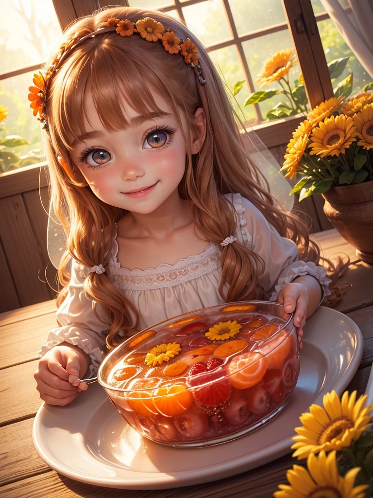 The best picture quality, detailed eyes, long eyelashes, fairy tale world, a clear jelly with lots of fruit on it, a young 5 year old girl smiling and eating jelly, a happy smile, the best smile, a very pretty innocent girl, chestnut hair, amazingly very large round shiny eyes, orange summer flowers outside the window,