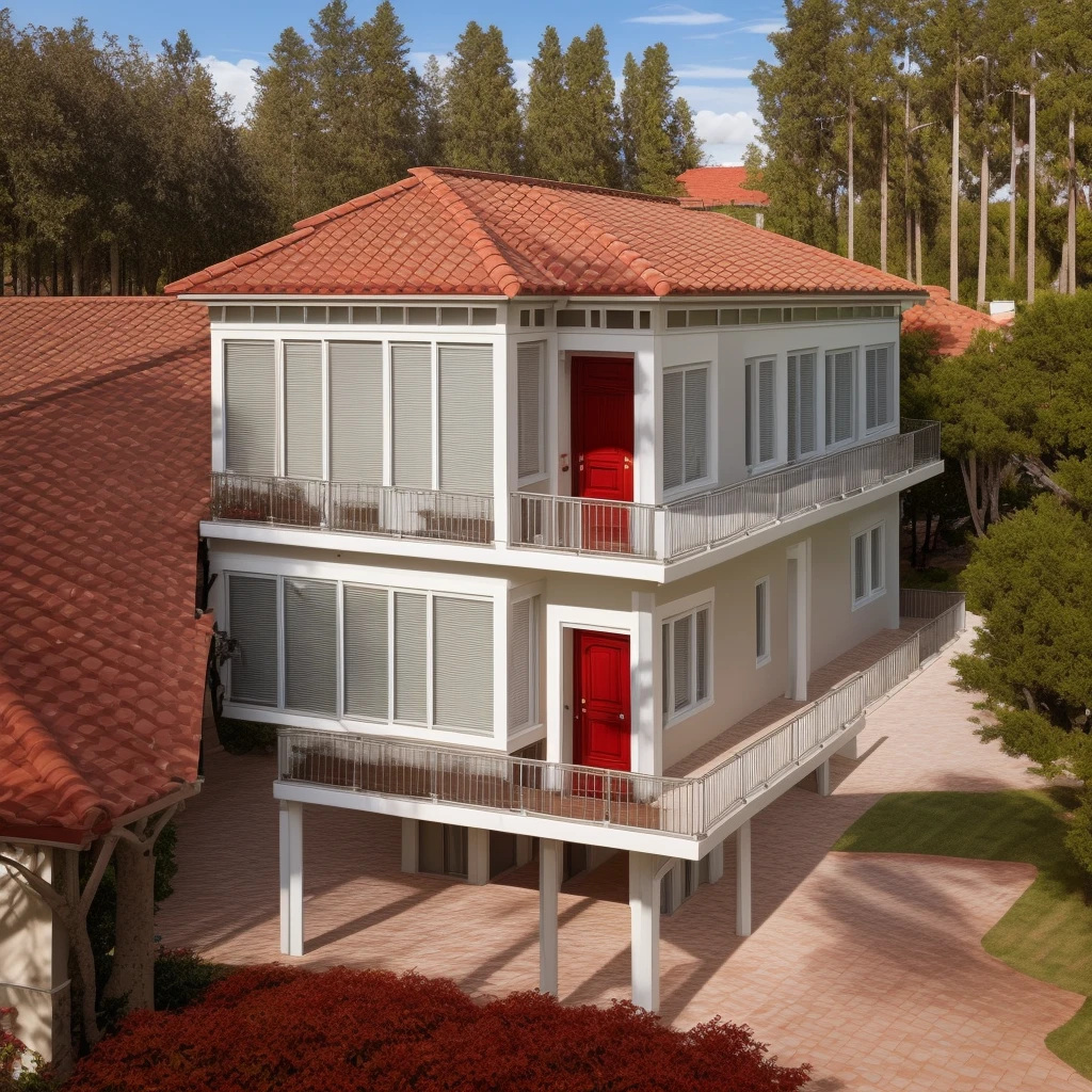 Townhouse, 3 floors, red tile roof, aluminum glass doors with curtains, exterior lights, sharp images, 4K image resolution, realistic colors, sunlight shining into the house, with trees mortar on the field.