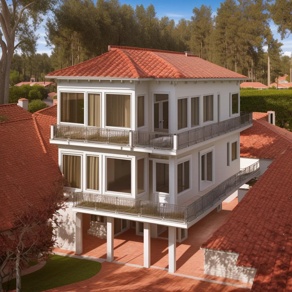 Townhouse, 3 floors, red tile roof, aluminum glass doors with curtains, exterior lights, sharp images, 4K image resolution, realistic colors, sunlight shining into the house, with trees mortar on the field.