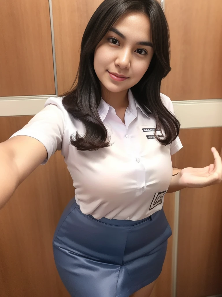 1girl, solo, (uniform), standing, (distance: 2.2), perfect photo shot pose, Classroom, detailed face, detailed eyes, thick breasts, shiny skin, tight shirt, grey blue miniskirt, looking at the audience, high angle shot,(8k, RAW photo, best quality, masterpiece: 1.2), (realistic, realistic: 1.37), ultra-high resolution