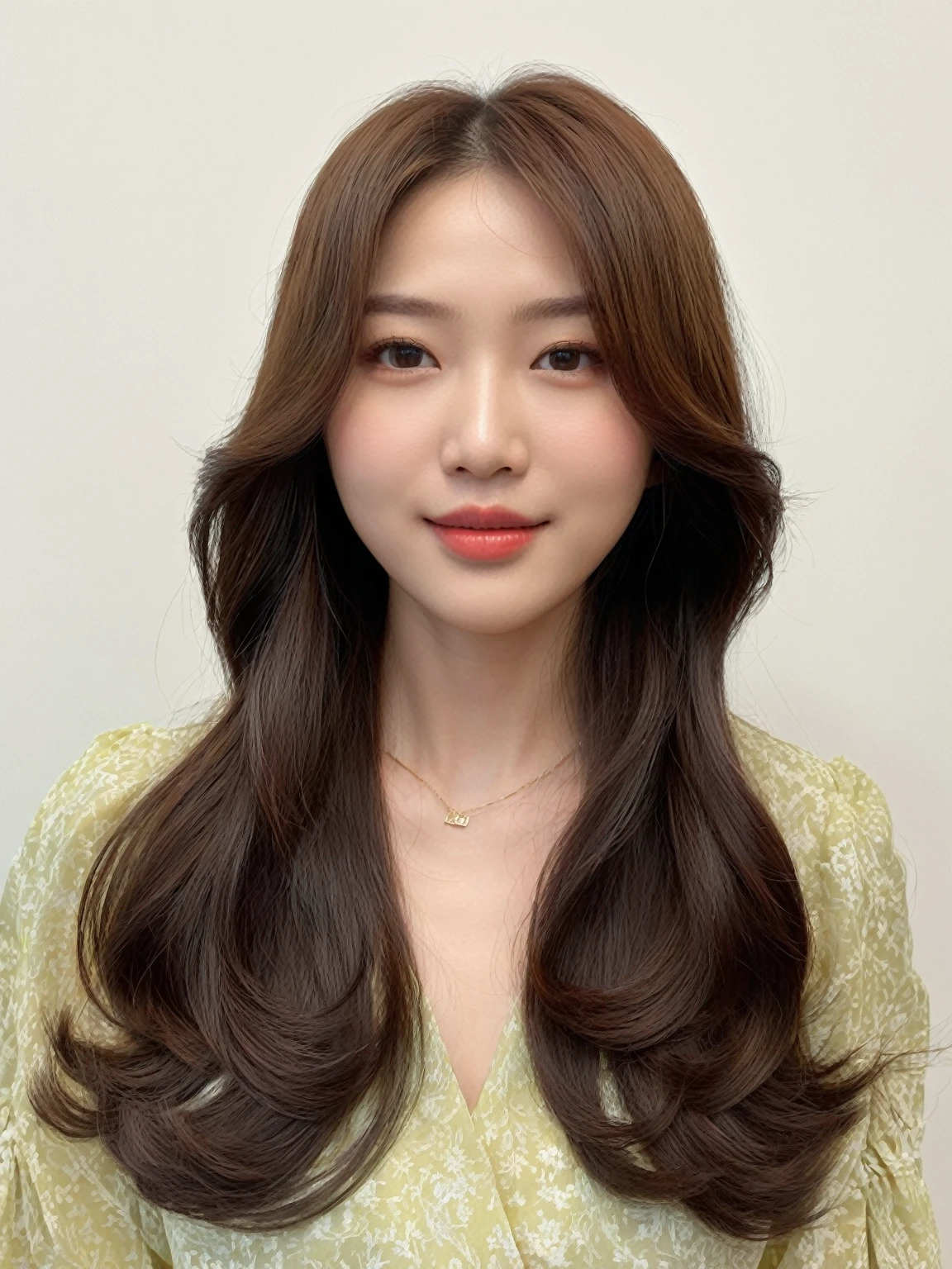 Best Quality, 8k, Masterpiece, (Portrait: 1.3), (photo realistic:1.4), (hyper realistic:1.4), Sharp Focus, looking at viewer, (smoother lighting:1.1), (increase cinematic lighting quality:0.9), realistic lighting, backlighting, light on face, ray trace, (brightening light:1.2), (Increase quality:1.4), sharp detail, (best quality real texture skin:1.4), finely detailed eyes, black_eyes, finely detailed face, 25 year old Korean woman, (yellow formal_shirt:1.4), (Create an image maintaining the original base model hairstyle:1.5)
