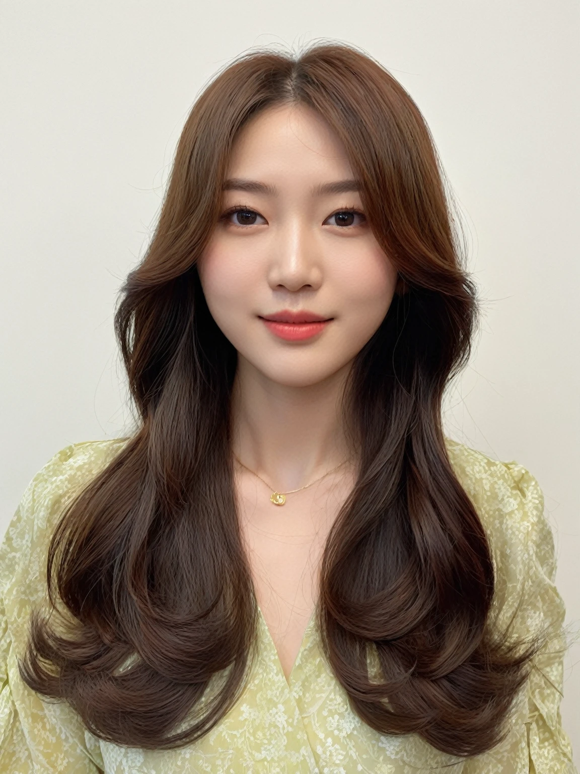 Best Quality, 8k, Masterpiece, (Portrait: 1.3), (photo realistic:1.4), (hyper realistic:1.4), Sharp Focus, looking at viewer, (smoother lighting:1.1), (increase cinematic lighting quality:0.9), realistic lighting, backlighting, light on face, ray trace, (brightening light:1.2), (Increase quality:1.4), sharp detail, (best quality real texture skin:1.4), finely detailed eyes, black_eyes, finely detailed face, 25 year old Korean woman, (yellow formal_shirt:1.4), (Create an image maintaining the original base model hairstyle:1.5)
