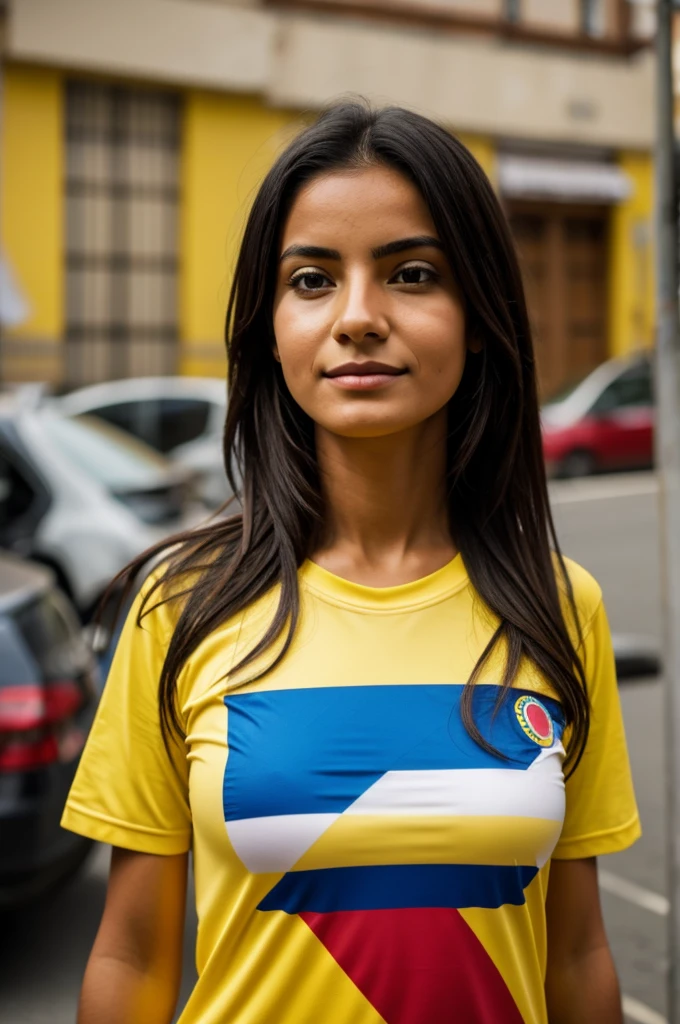 Red-haired woman with a Colombian shirt named Alejandra