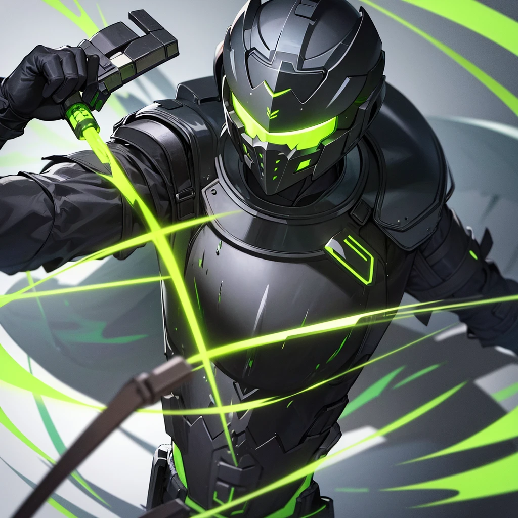 A hunter wearing black armor with bright fluorescent green details, and wears a gladiator helmet [far]