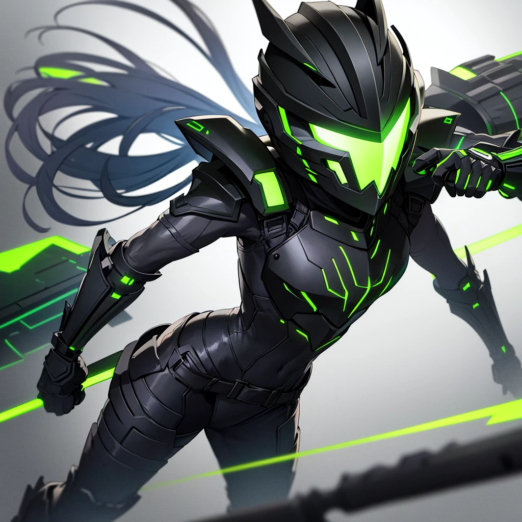 A hunter wearing black armor with bright fluorescent green details, and wears a gladiator helmet [far]