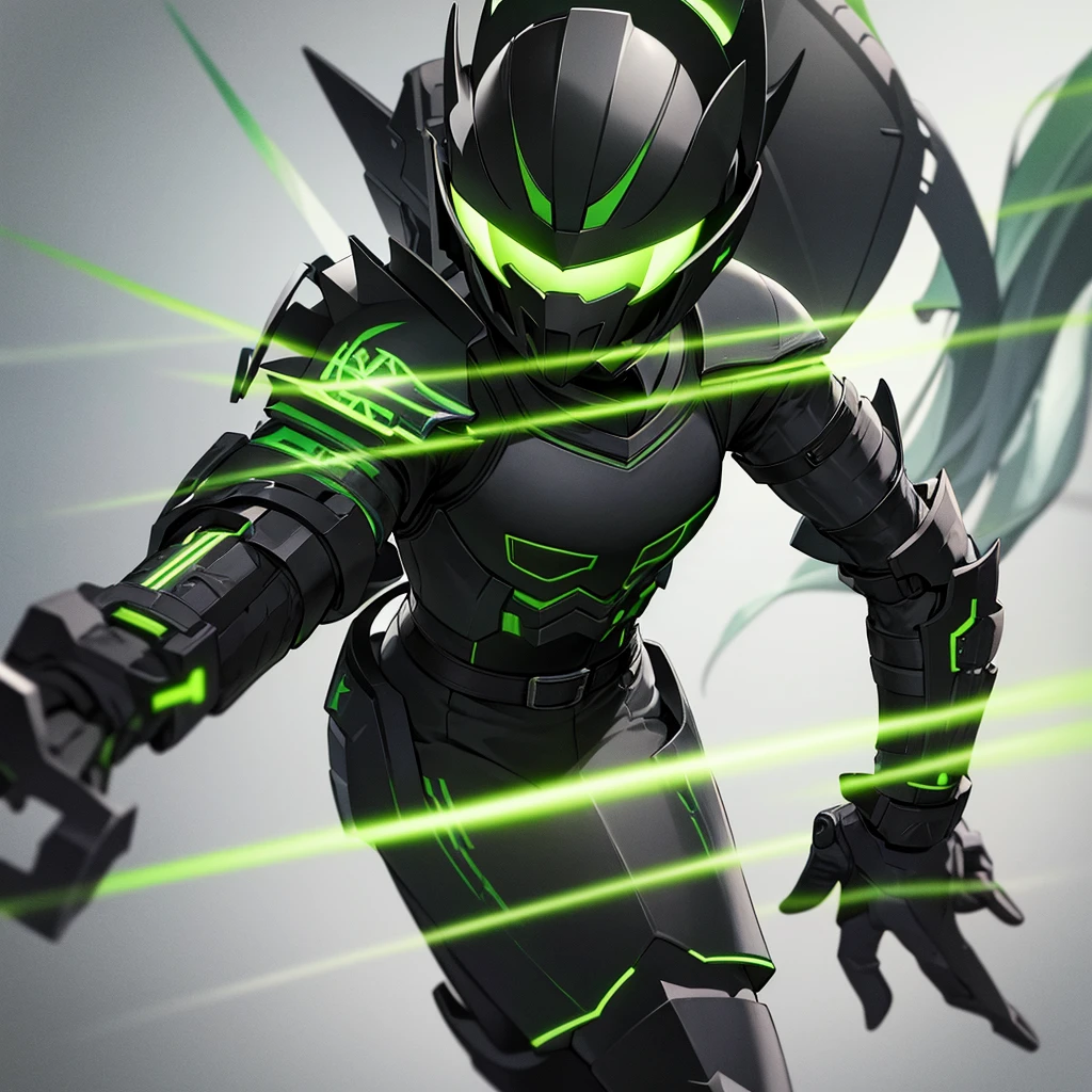 A hunter wearing black armor with bright fluorescent green details, and wears a gladiator helmet [far]