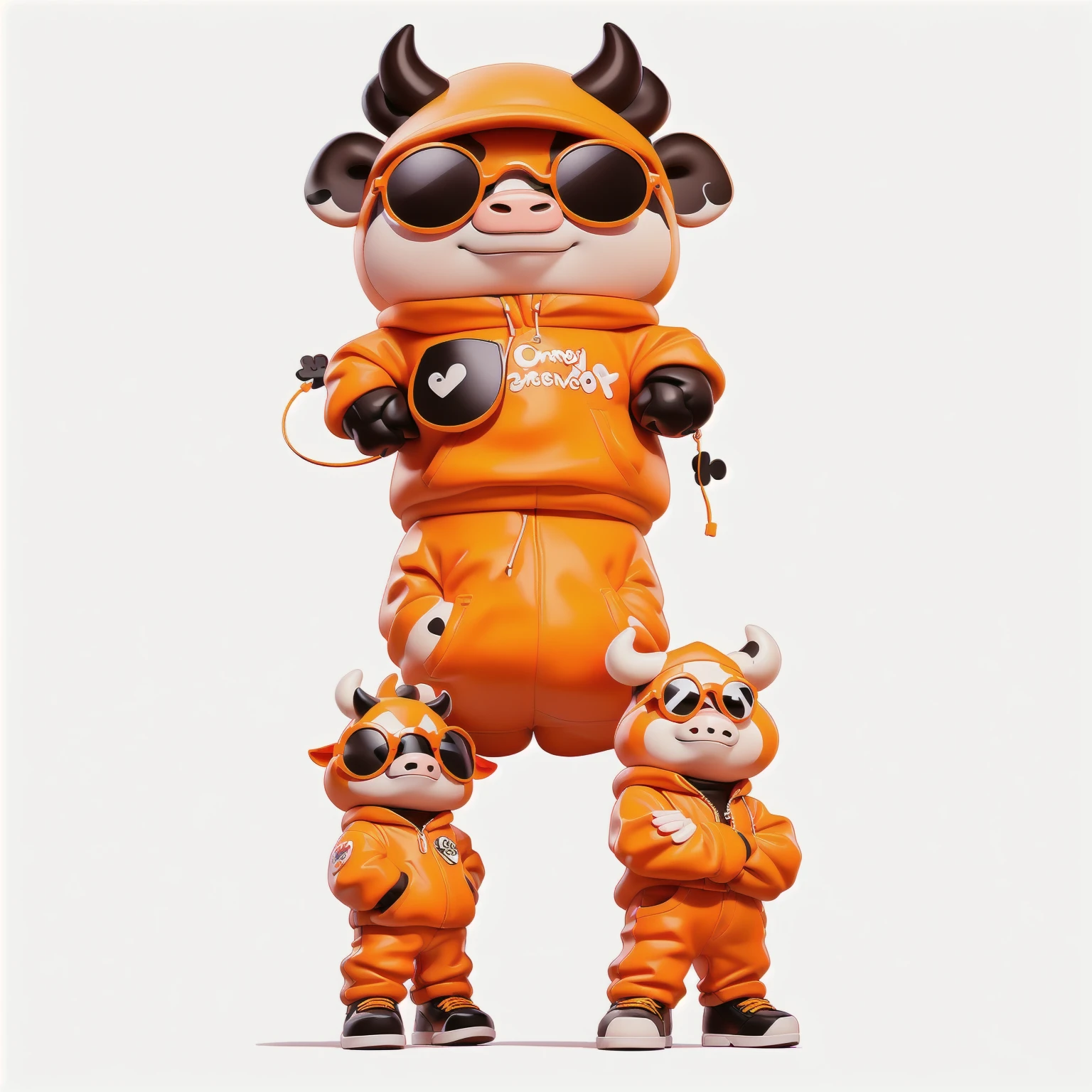 Wear a shirt、Wearing sunglasses、Cartoon cow with crossed arms, Full body mascot with hands crossed on chest, ( cow wearing sunglasses, dancing character, Created using Adobe Illustrator, Teddy Fresh, Orange body, Created using Adobe Illustrator, Cartoon shading:15, Official Art, Merge roles, Anthropomorphic cattle, Official illustrations, Full body clothing, Low resolution, posture