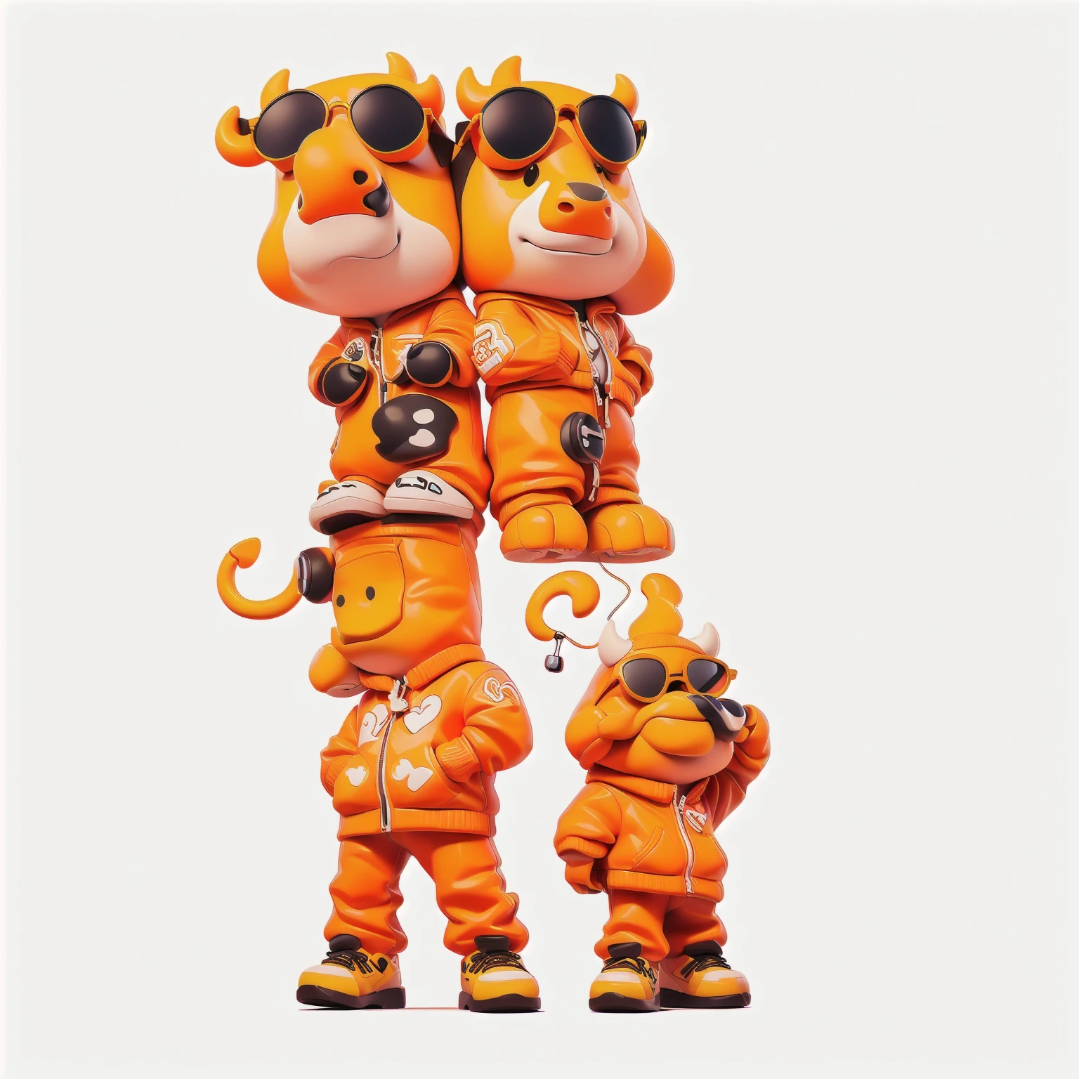 Wear a shirt、Wearing sunglasses、Cartoon cow with crossed arms, Full body mascot with hands crossed on chest, ( cow wearing sunglasses, dancing character, Created using Adobe Illustrator, Teddy Fresh, Orange body, Created using Adobe Illustrator, Cartoon shading:15, Official Art, Merge roles, Anthropomorphic cattle, Official illustrations, Full body clothing, Low resolution, posture