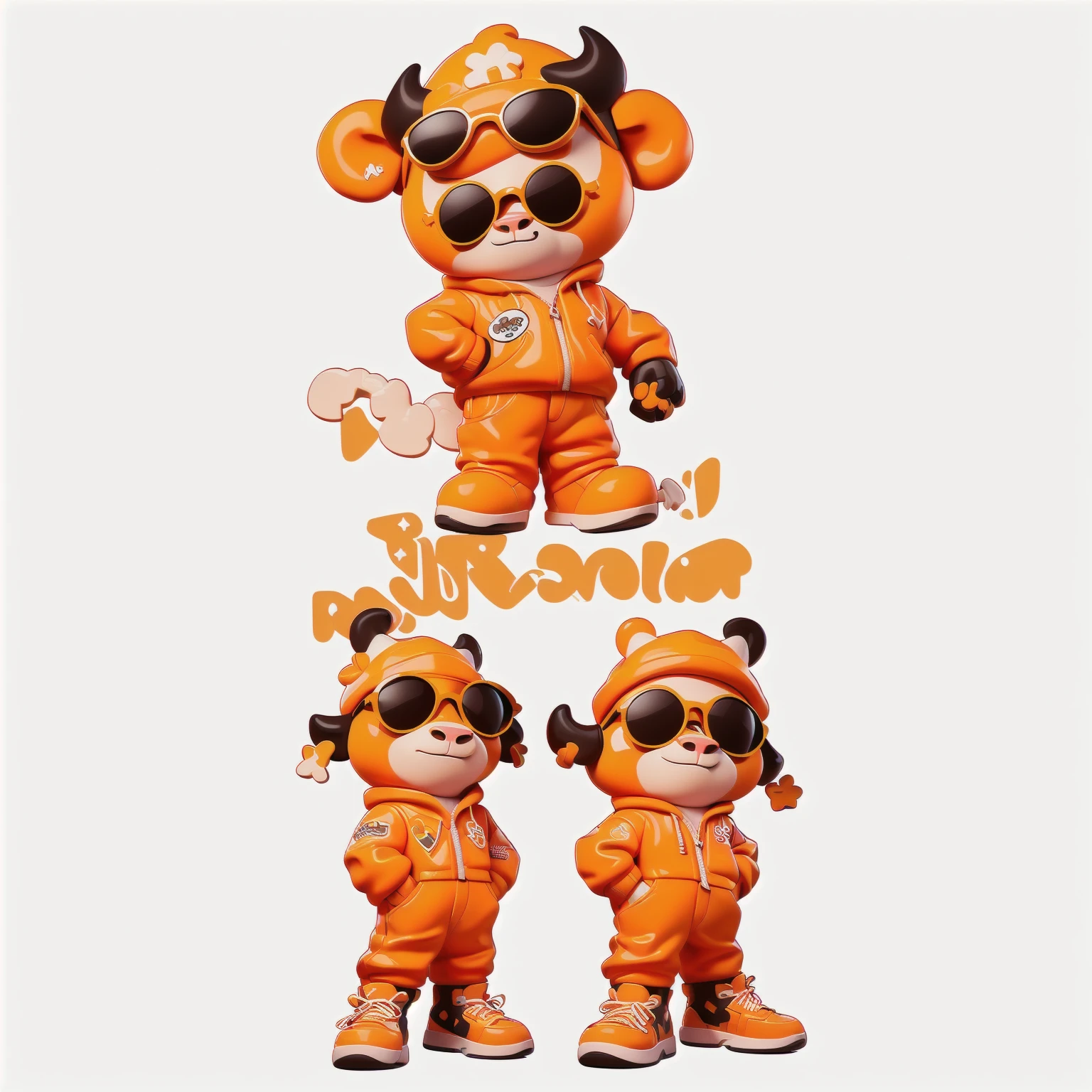 Wear a shirt、Wearing sunglasses、Cartoon cow with crossed arms, Full body mascot with hands crossed on chest, ( cow wearing sunglasses, dancing character, Created using Adobe Illustrator, Teddy Fresh, Orange body, Created using Adobe Illustrator, Cartoon shading:15, Official Art, Merge roles, Anthropomorphic cattle, Official illustrations, Full body clothing, Low resolution, posture