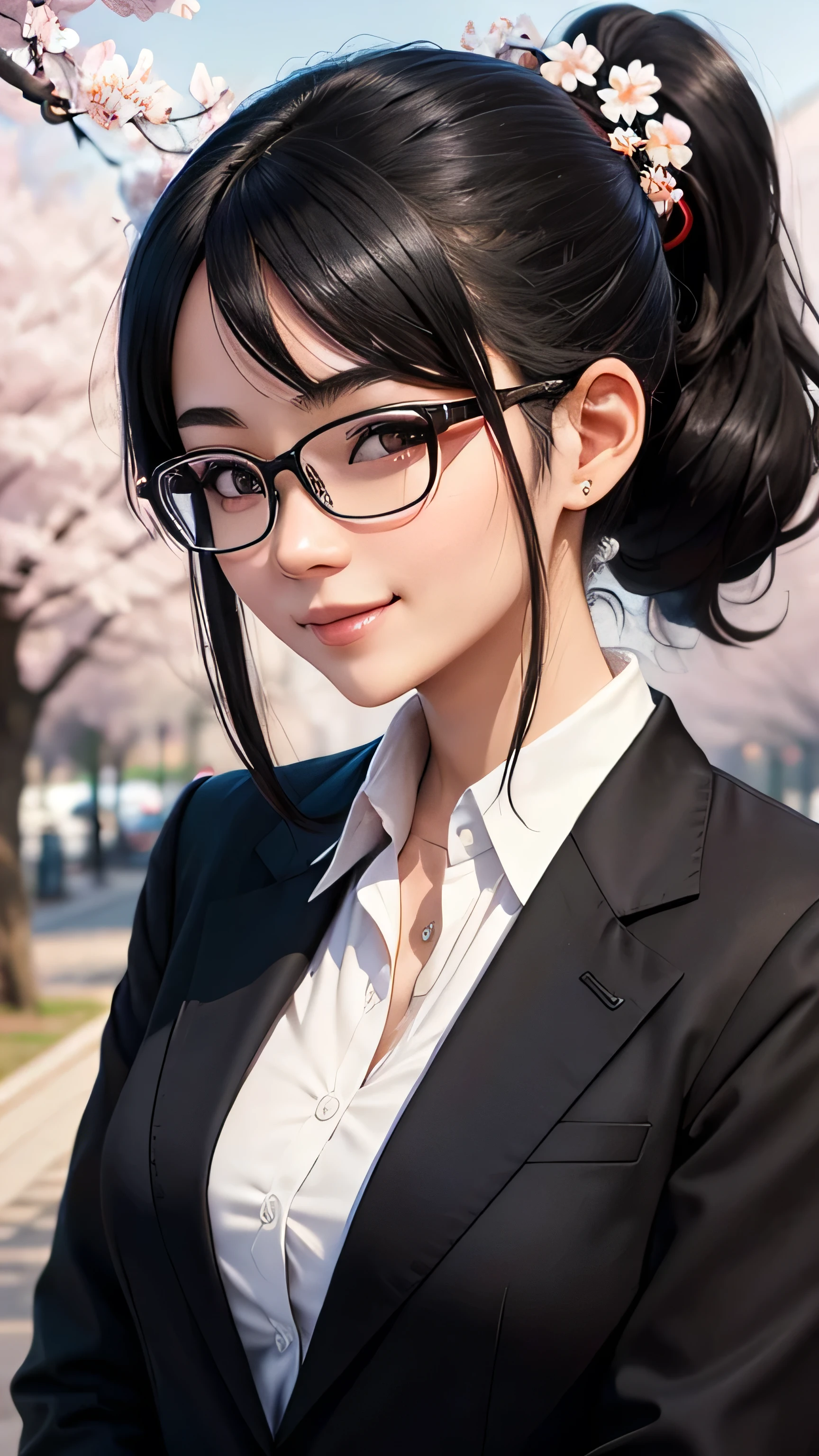 A half-body portrait of a 25-year-old intelligent Japanese woman with black hair in a ponytail, wearing glasses, and a cherry blossom hair accessory. She is dressed in a black suit with a white shirt, black skirt, and black pantyhose. The woman is smiling gently.