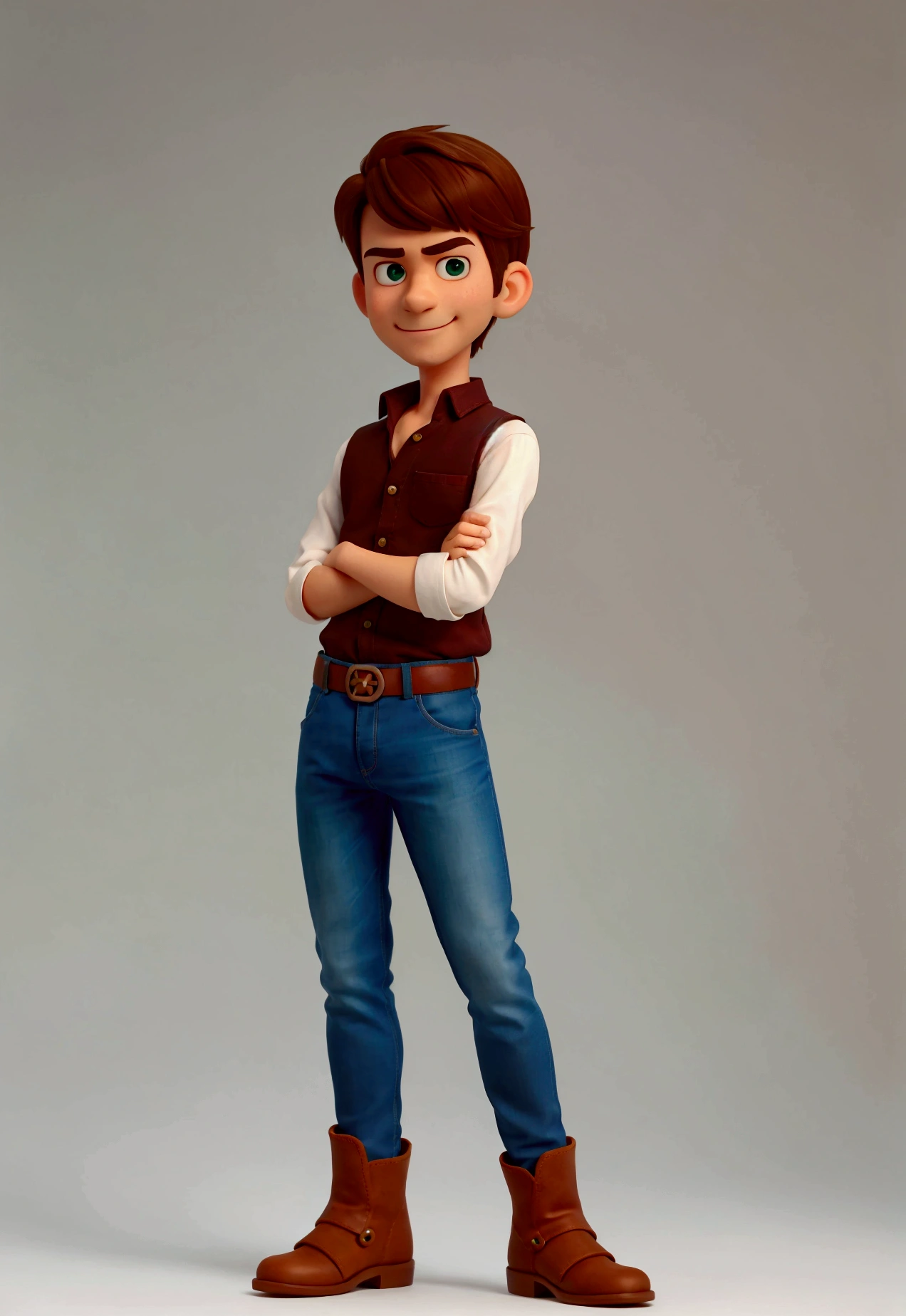 cute young man brown hair and eyes, big smile, happy, green button-down shirt, brown jeans and shoes, high quality, detailed, full body, arms crossed with attitude, medium shot photo, ultra white background, pixar style