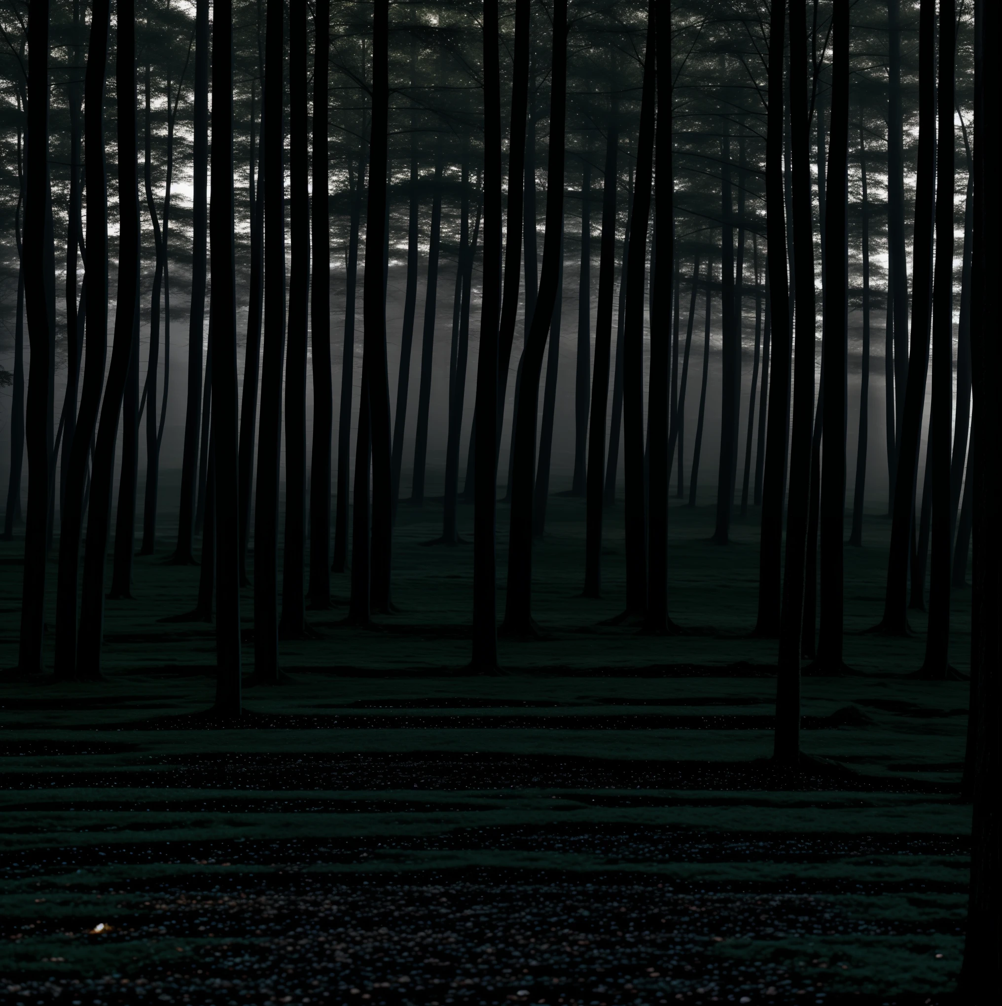 a monster in the woods, hidden by night, triangular shaped head, long patchy hair across entire body, lanky, really long torso, on all fours, staring at you, 4 bright white eyes, hidden in shadows, in the woods at night, horrifying encounter, cryptid, shrouded entirely in darkness