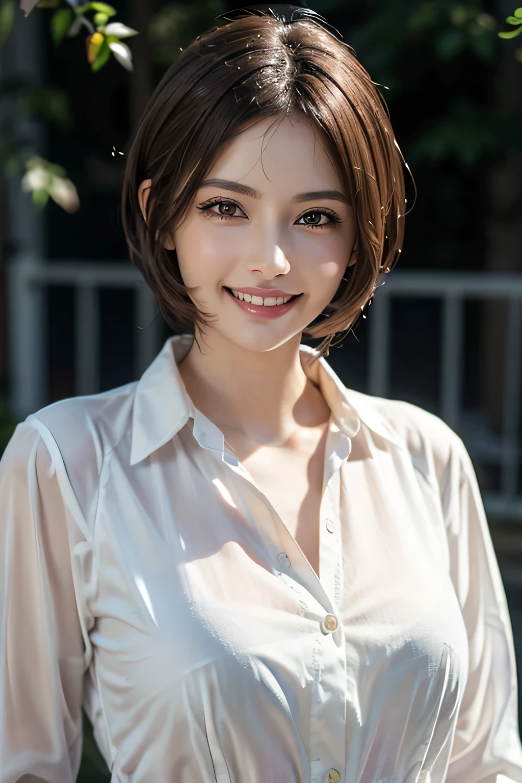 ((masterpiece)), ((Highest quality)), ((Complex)), ((Surreal)), (Realistic), (Mature Woman), ((There are no classes)), Very detailed, (1 female), Beautiful and exquisite, (Beautiful Teeth), Grin, Brunette Bob Hair, Brown eyes, ((blouse)), (Upper Body), (background:none), Perfect Eyes, Captivating eyes, Looking at the audience