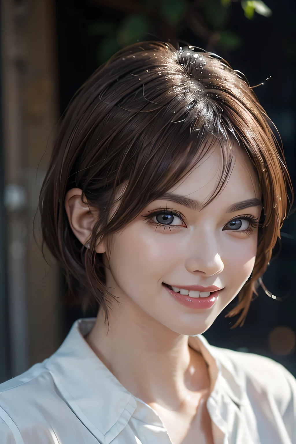 ((masterpiece)), ((Highest quality)), ((Complex)), ((Surreal)), (Realistic), (Mature Woman), ((There are no classes)), Very detailed, (1 female), Beautiful and exquisite, (Beautiful Teeth), Grin, Brunette Bob Hair, Brown eyes, ((blouse)), (Upper Body), (background:none), Perfect Eyes, Captivating eyes, Looking at the audience