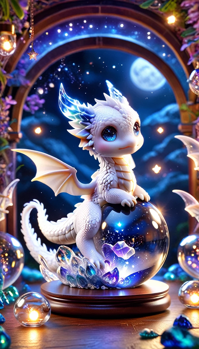 absurd, High resolution, Super detailed, HDR, masterpiece, best quality, ( Trapped in a crystal ball) Little White Dragon, Expressive blue eyes, White eyelashes, blue horns, wing, Fantasy magic background, shiny, shining, Purple lightning, Floating round lights, Starry Sky, blank