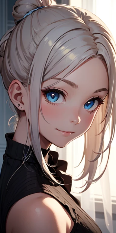 beautiful, Detailed portrait of a young girl with platinum hair, Hair tied in a high ponytail or ballerina bun, No bangs, No hair on the forehead,With blue eyes and an innocent expression, she looks straight at the viewer., Cute Smile, Front view, close