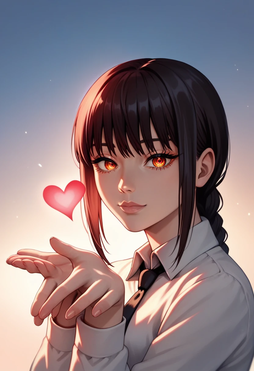 (junkotvvxl), score_9, score_8_up, score_7_up, score_6_up, score_5_up, score_4_up, source_anime, rating_safe, 1girl, solo, makima \(chainsaw man\), detailed red eyes, black hair, (blowing kiss, heart), better hands, perfect hands, detailed fingers, covered body: 1.1, joy expression, :o, lips together, closed mouth, cute expression, low lighting, cinematic lighting, night, sunset, (simple background)